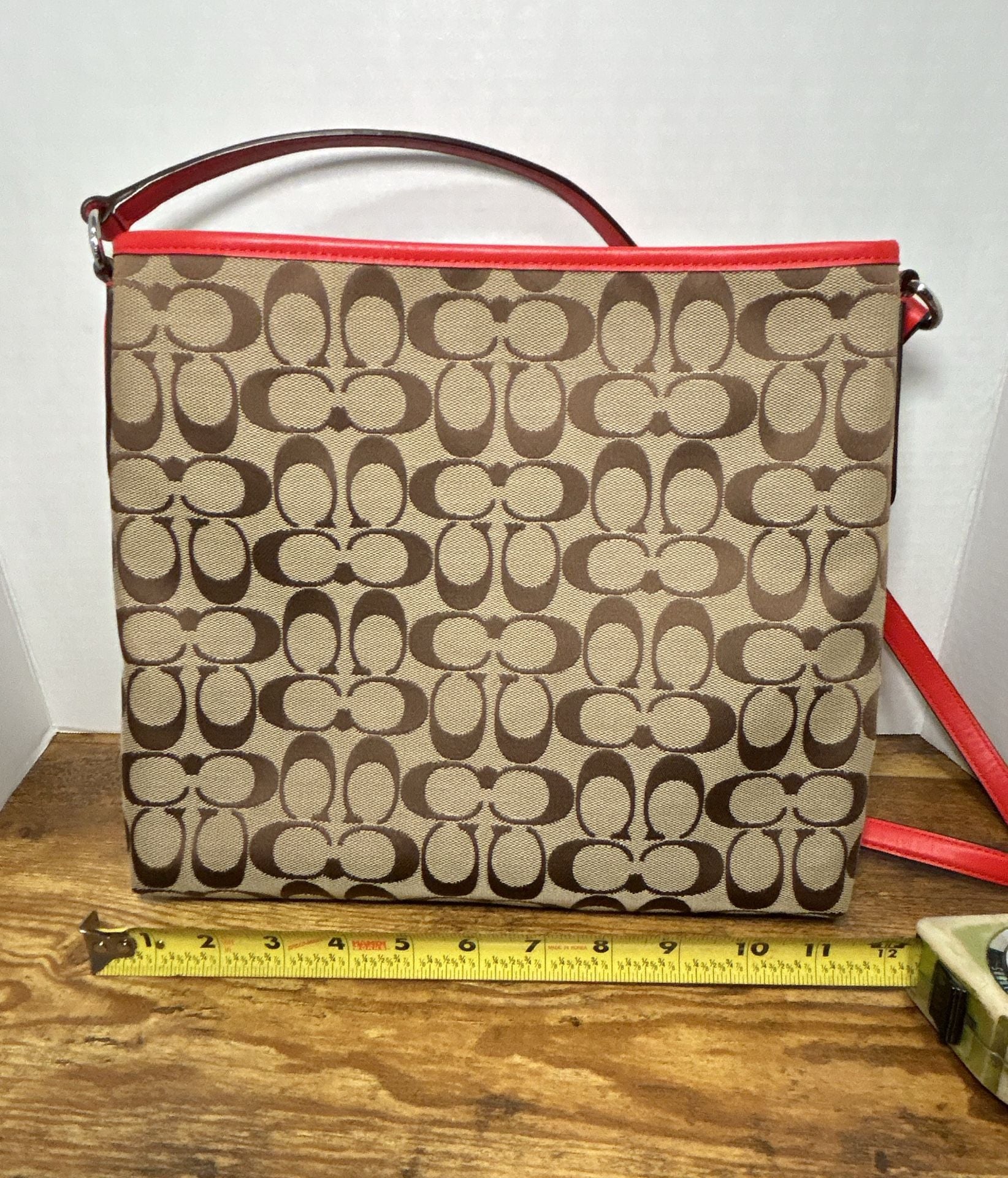 Coach Signature File Bag Crossbody Purse F36378 Khaki Red Leather Trim 3