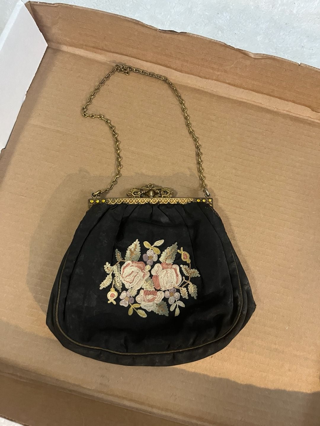 Vintage Antique Black Silk Embroidered Roses Evening Handbag 2