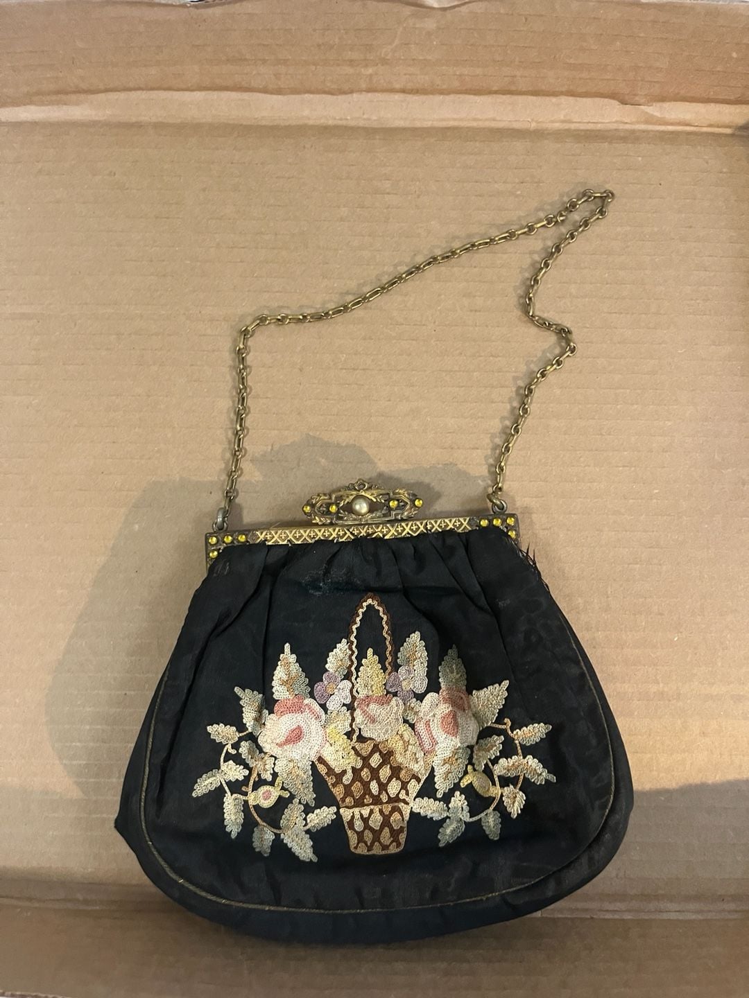 Vintage Antique Black Silk Embroidered Roses Evening Handbag 3