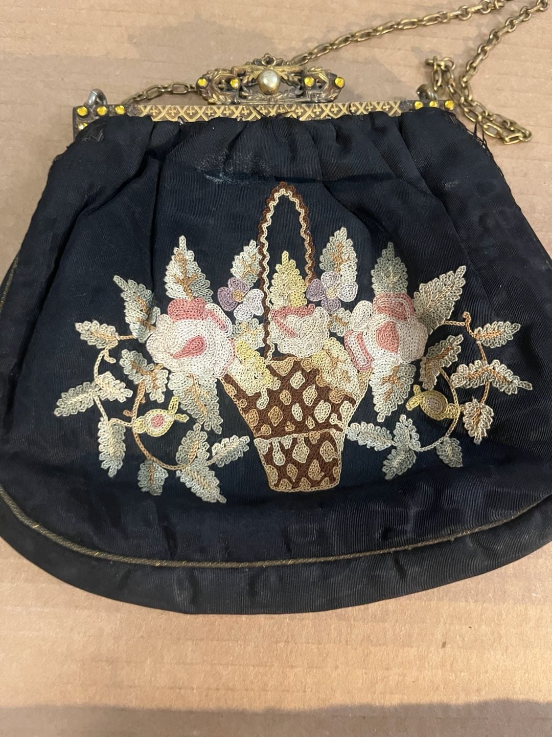 Vintage Antique Black Silk Embroidered Roses Evening Handbag 4