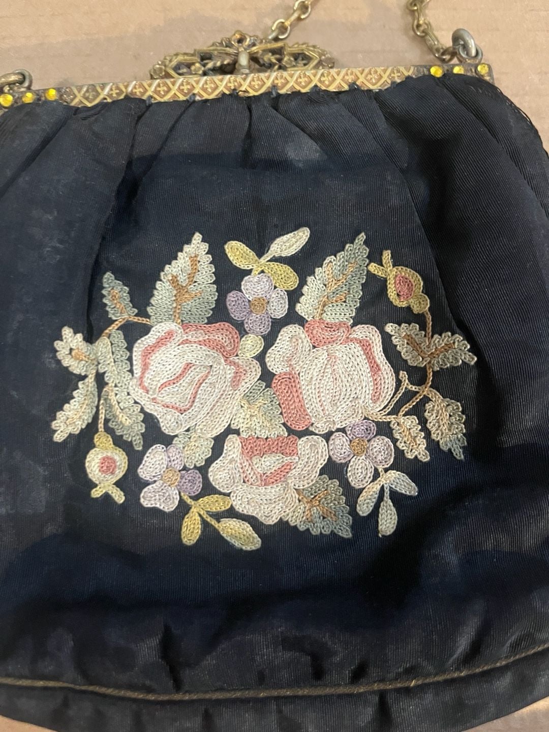Vintage Antique Black Silk Embroidered Roses Evening Handbag 5