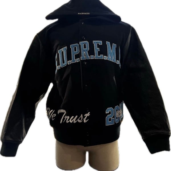 Supreme King Hooded Varsity Jacket Size L Black Leather