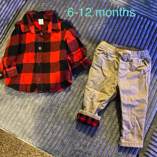 Old Navy Flannel Shirt and Pants Outfit Size 6-12 Months Red Plaid