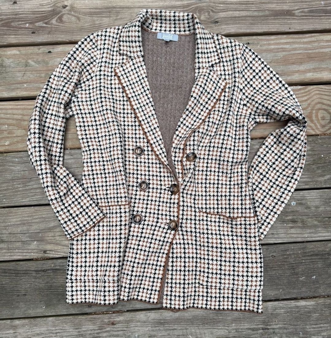 Marled by Reunited Clothing Houndstooth Double Breasted Knit Blazer Brown L 2