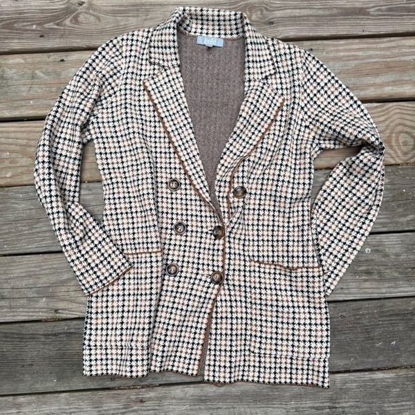 Marled by Reunited Clothing Houndstooth Double Breasted Knit Blazer Brown L