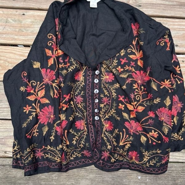 The Vermont Country Store Women’s Black Floral Embroidered Button Front Jacket Boho Cottagecore Size 3X