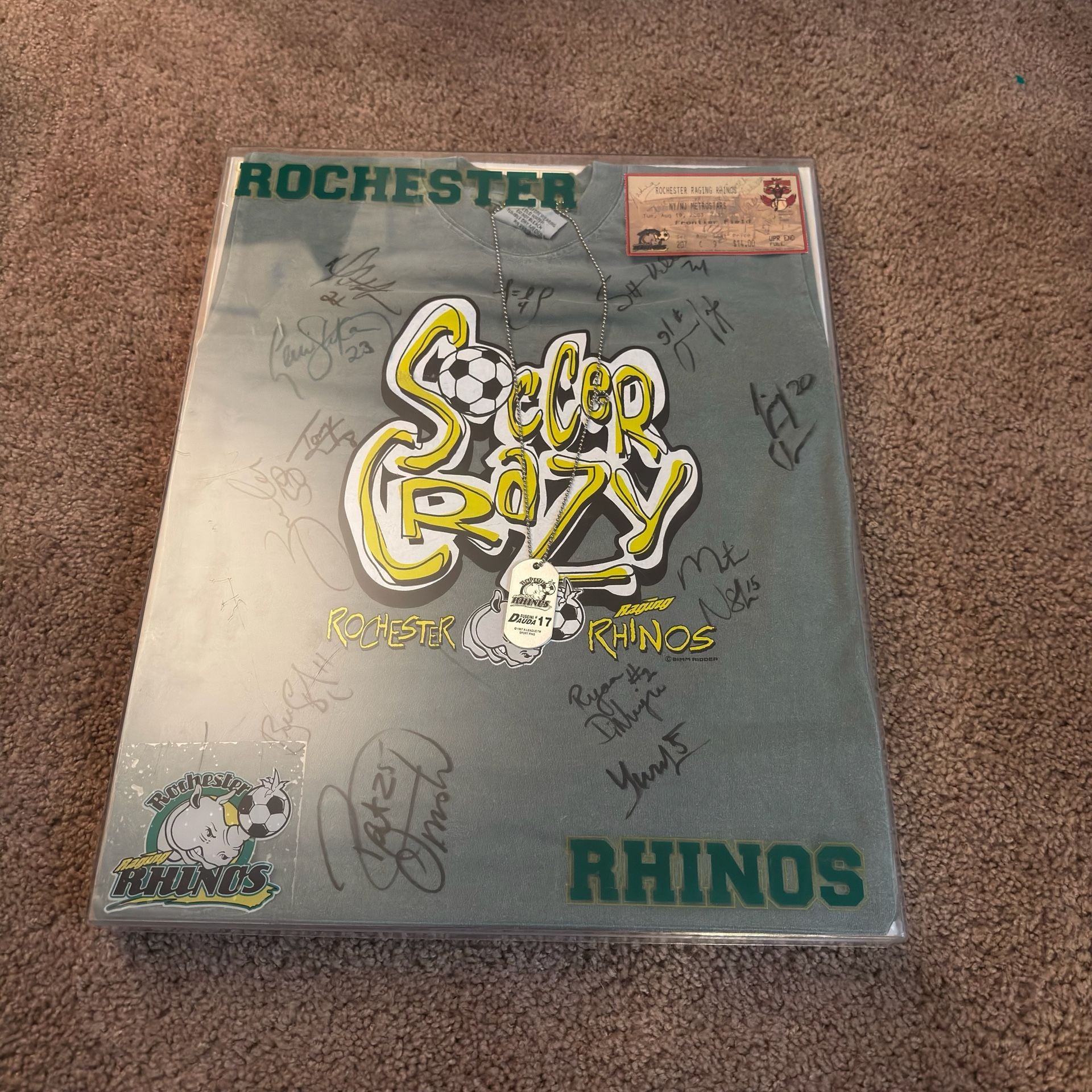Vintage Rochester Raging Rhinos Soccer Crazy Autographed T-Shirt Framed 1