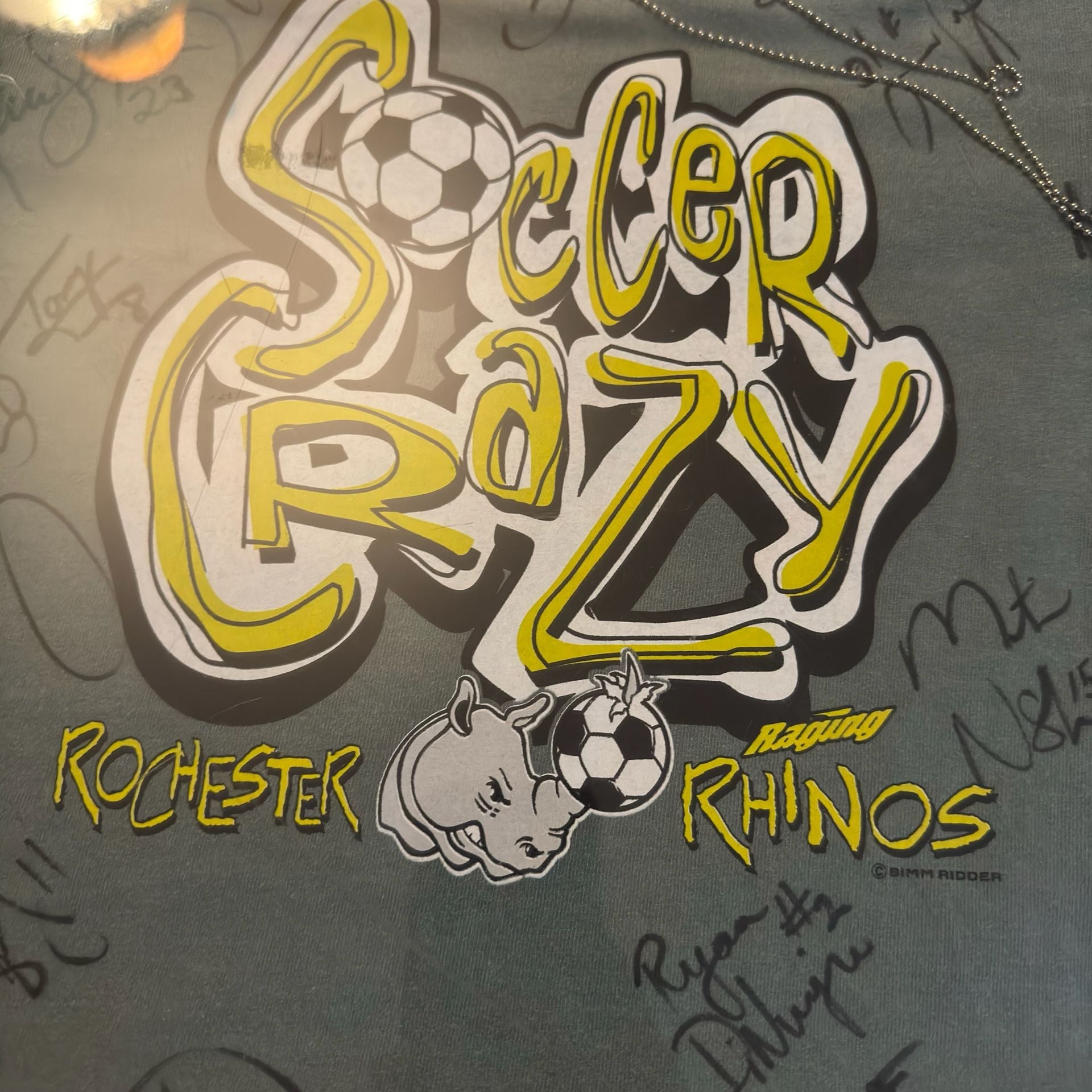 Vintage Rochester Raging Rhinos Soccer Crazy Autographed T-Shirt Framed 3