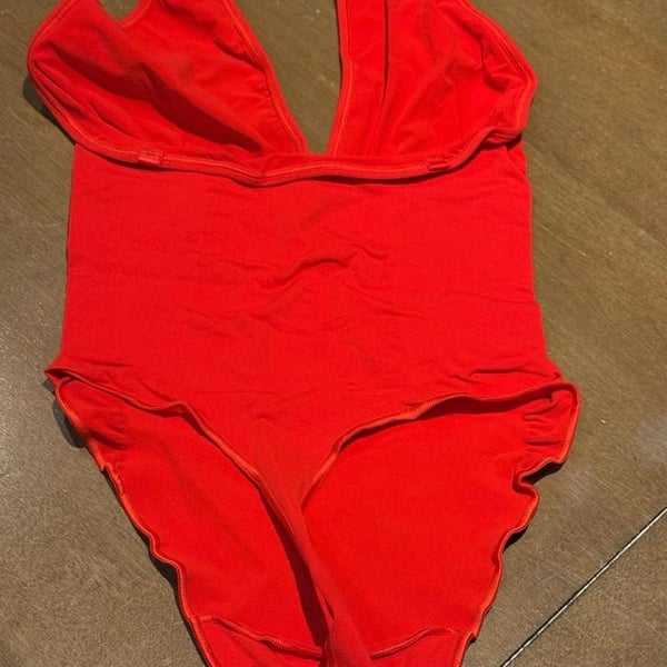 SKIMS Red Halter Plunge Bodysuit XL Deep V Open Back Snap Crotch.