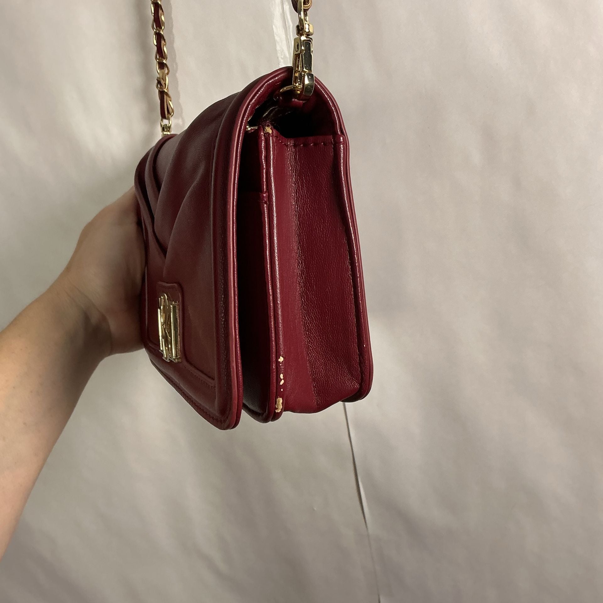 Badgley Mischka Pleated Crossbody Bag Burgundy Gold Chain 4