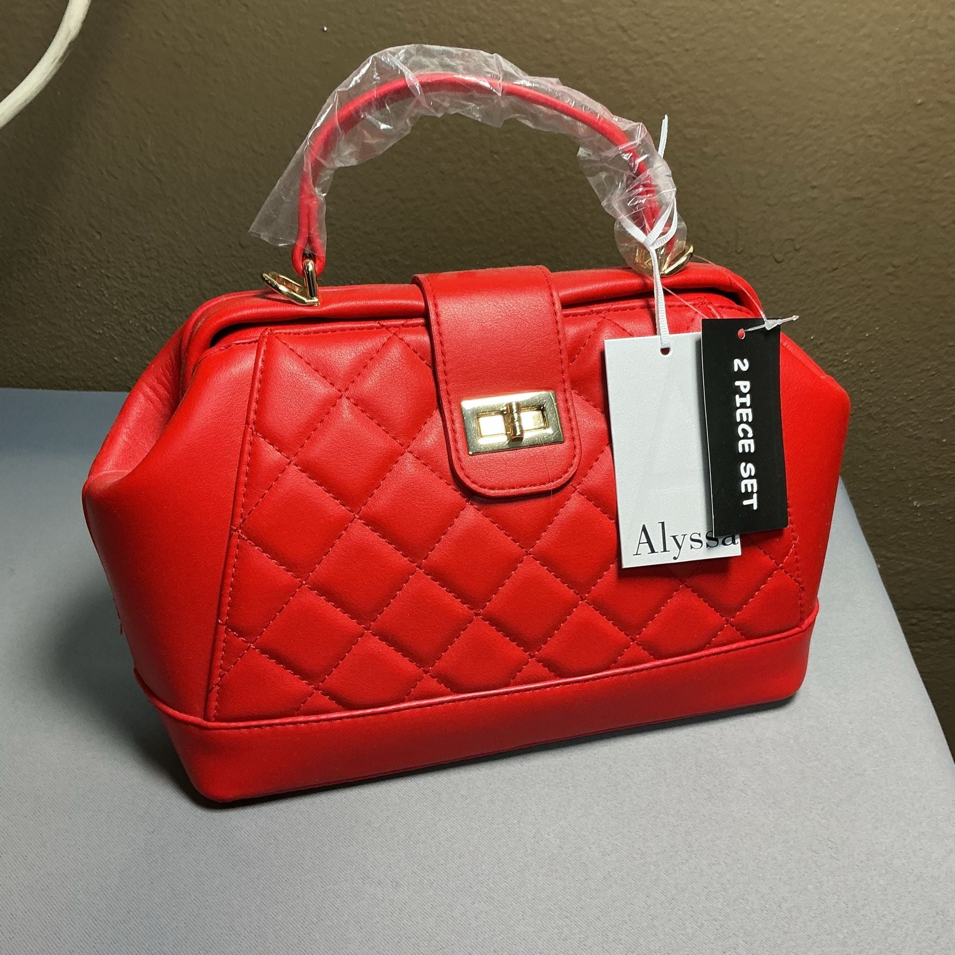 Alyssa Quilted Satchel Handbag Red Vegan Leather 2 Piece Set 1