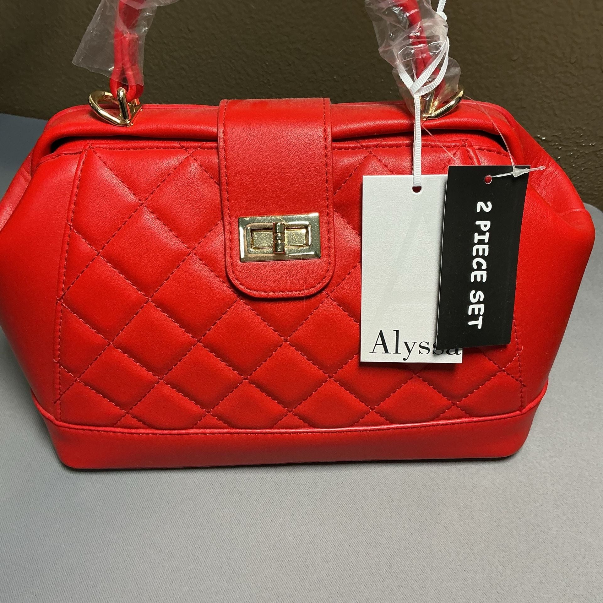 Alyssa Quilted Satchel Handbag Red Vegan Leather 2 Piece Set 2