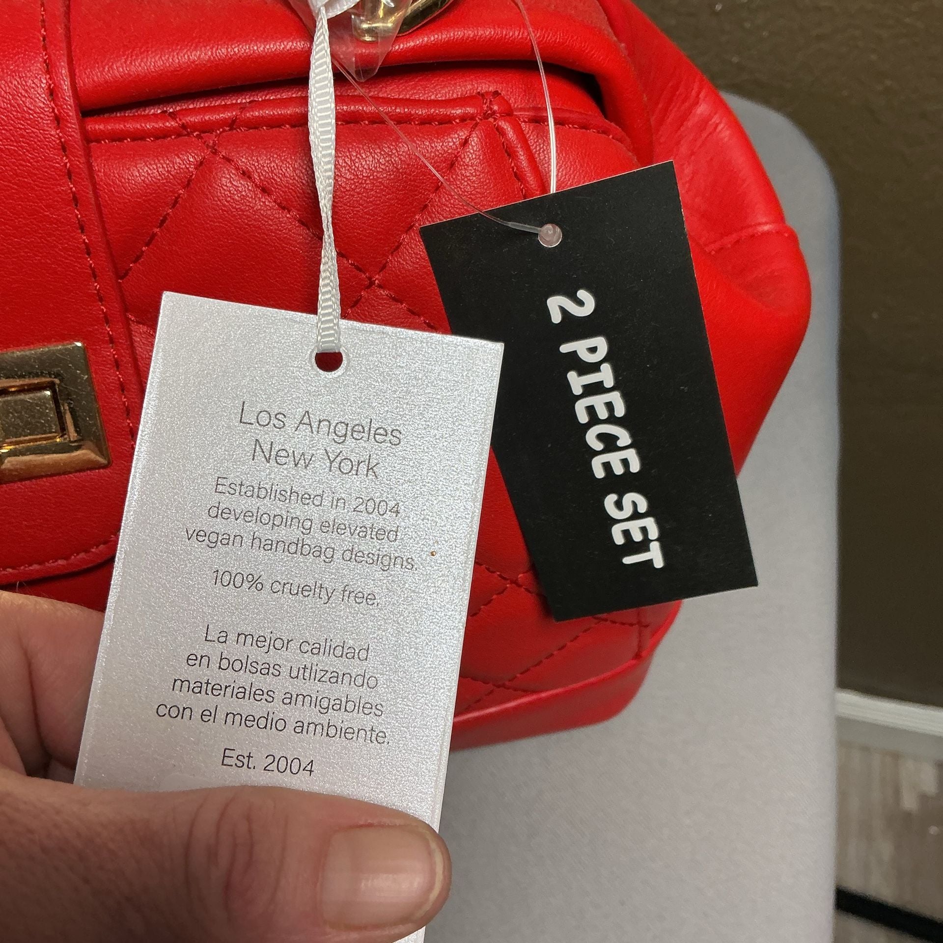 Alyssa Quilted Satchel Handbag Red Vegan Leather 2 Piece Set 3