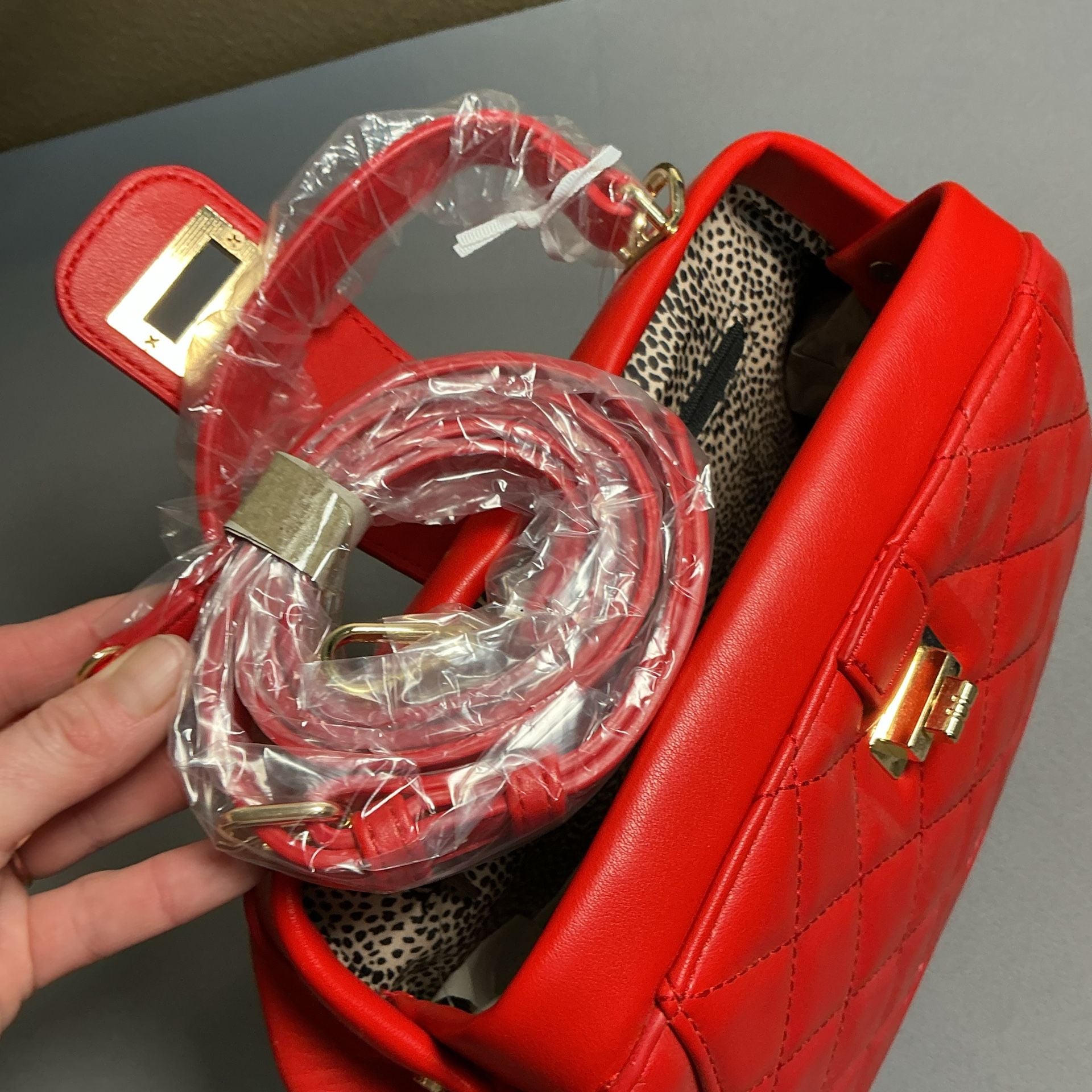 Alyssa Quilted Satchel Handbag Red Vegan Leather 2 Piece Set 8