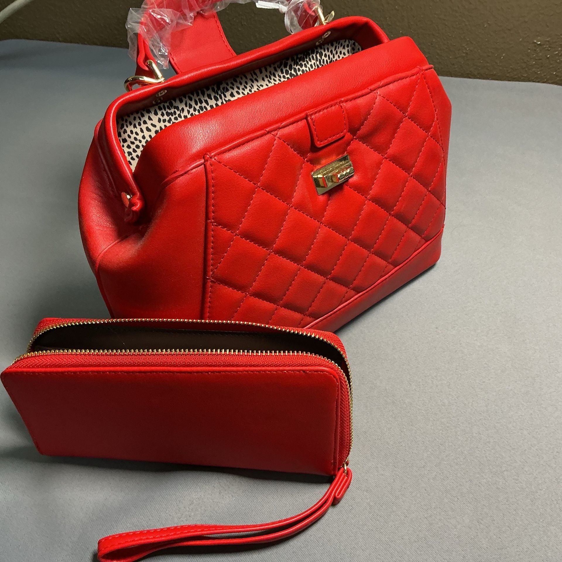 Alyssa Quilted Satchel Handbag Red Vegan Leather 2 Piece Set 9