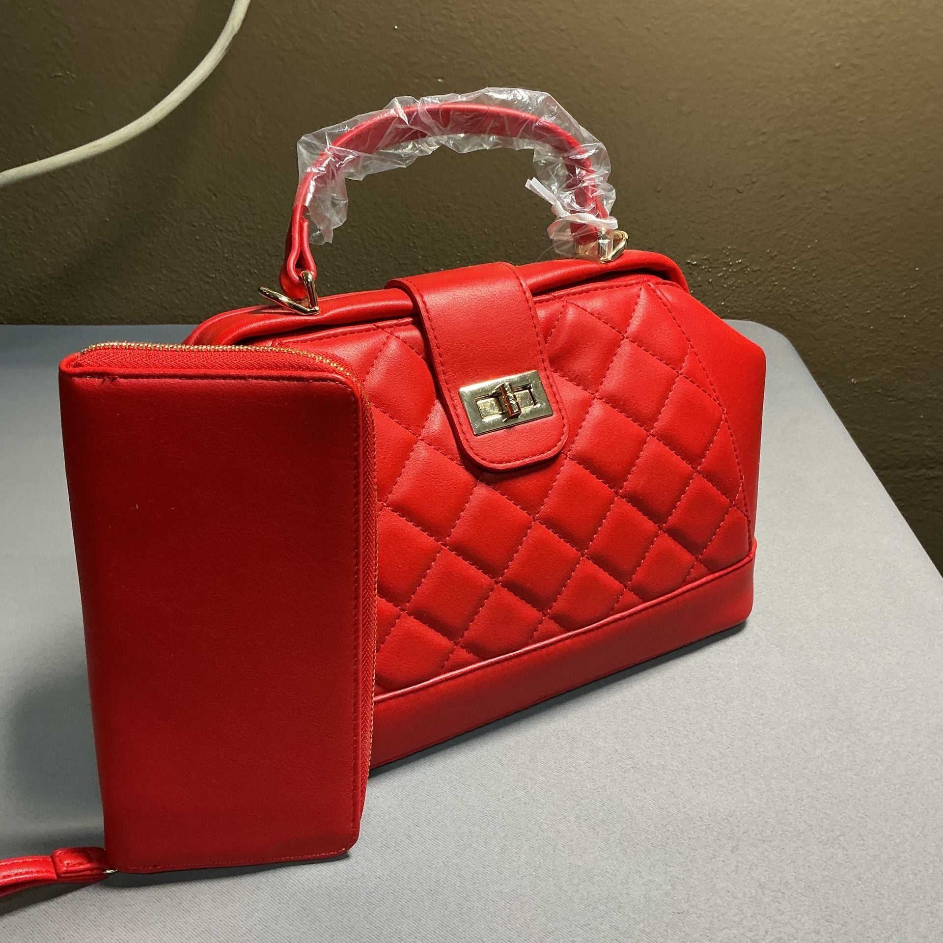 Alyssa Quilted Satchel Handbag Red Vegan Leather 2 Piece Set 11