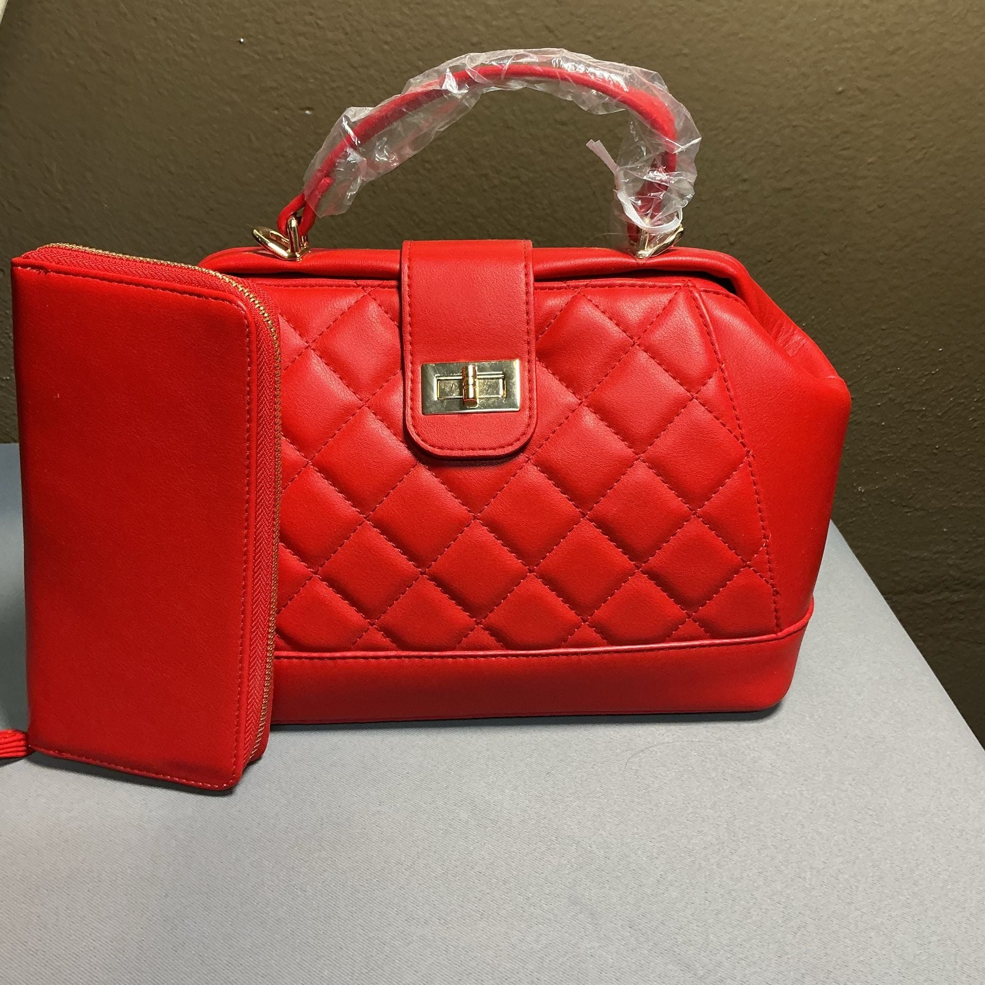 Alyssa Quilted Satchel Handbag Red Vegan Leather 2 Piece Set 12