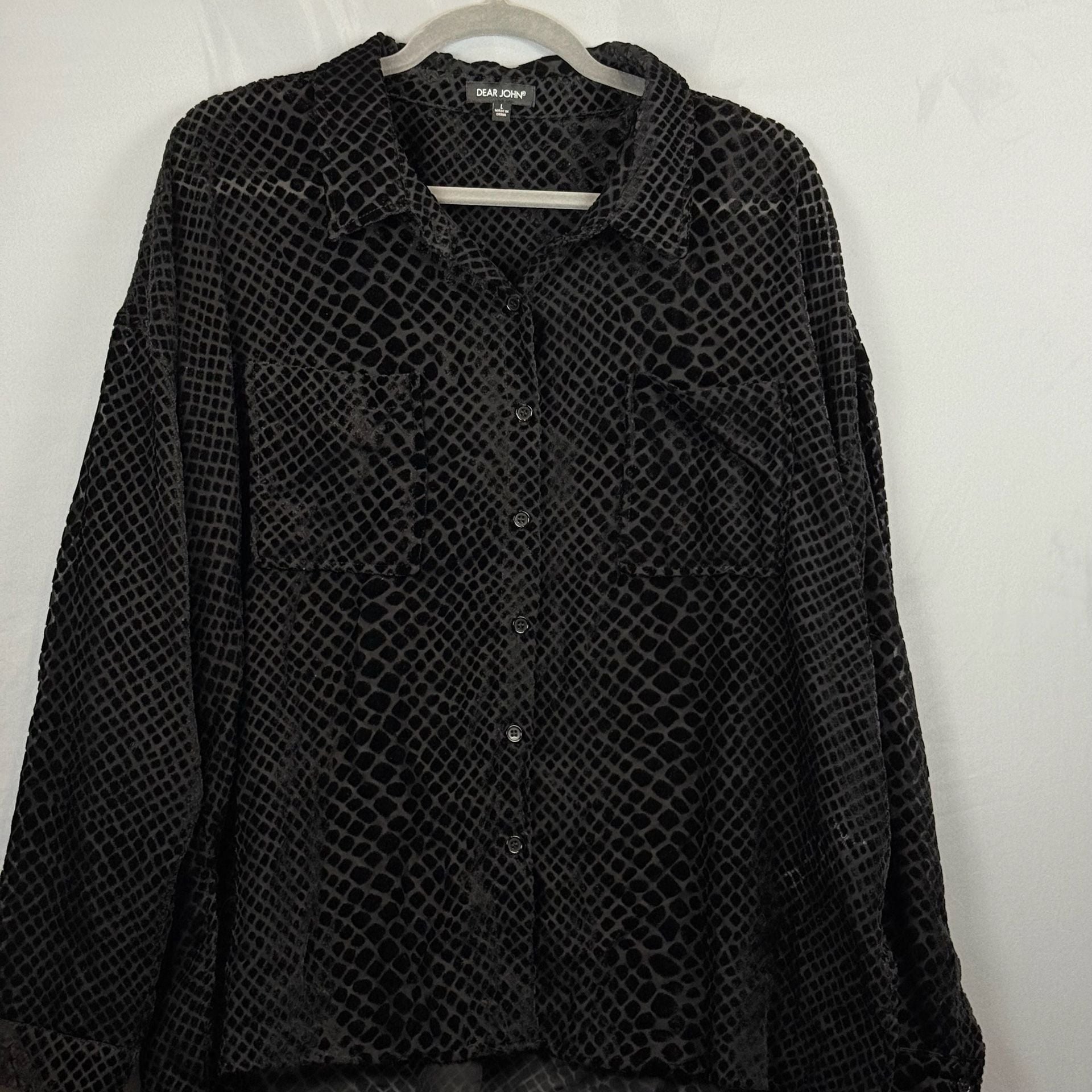Dear John Blouse Size L Black Burnout Velvet Snake Print Long Sleeve 2