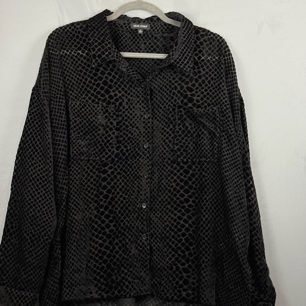 Dear John Blouse Size L Black Burnout Velvet Snake Print Long Sleeve