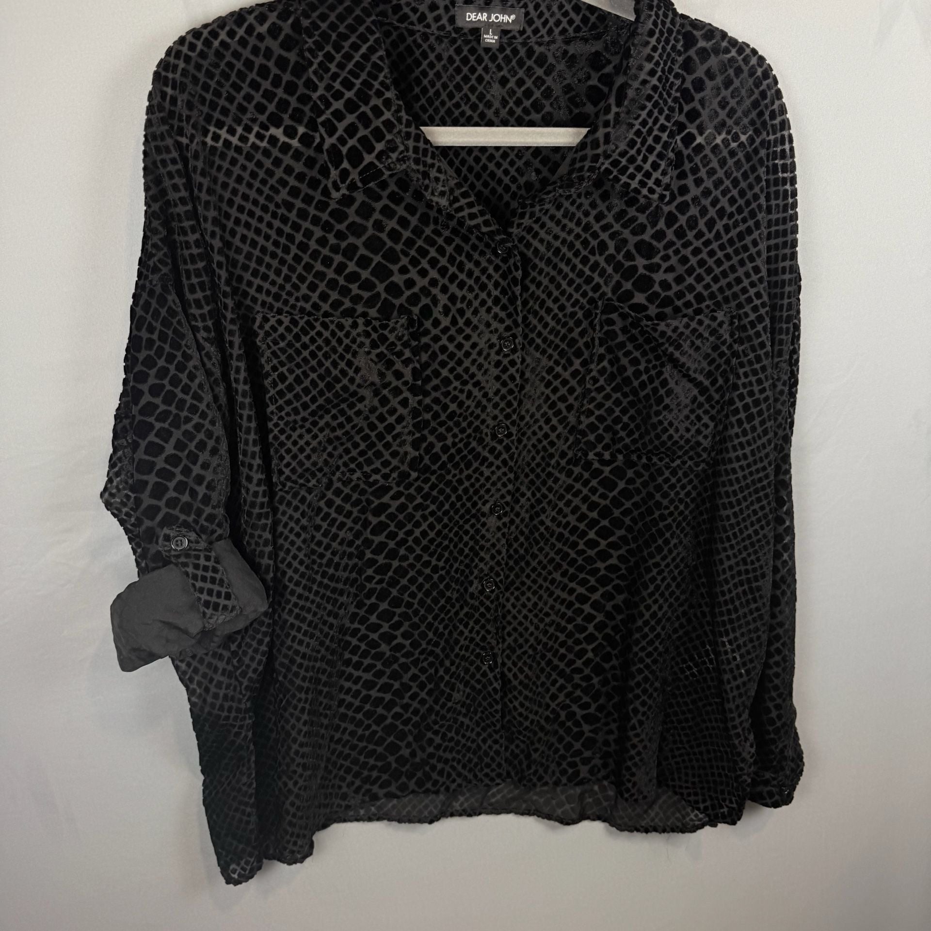 Dear John Blouse Size L Black Burnout Velvet Snake Print Long Sleeve 3