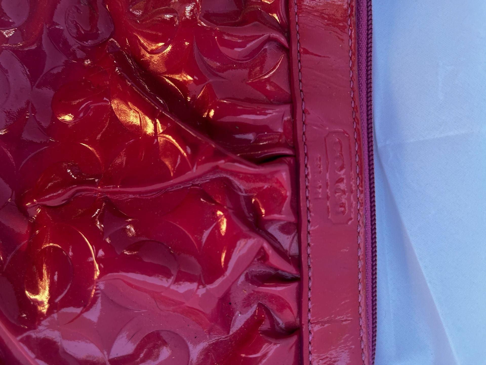 Coach Dark Pink Debossed Patent Leather Top Zip Pouch Wristlet See Details 3