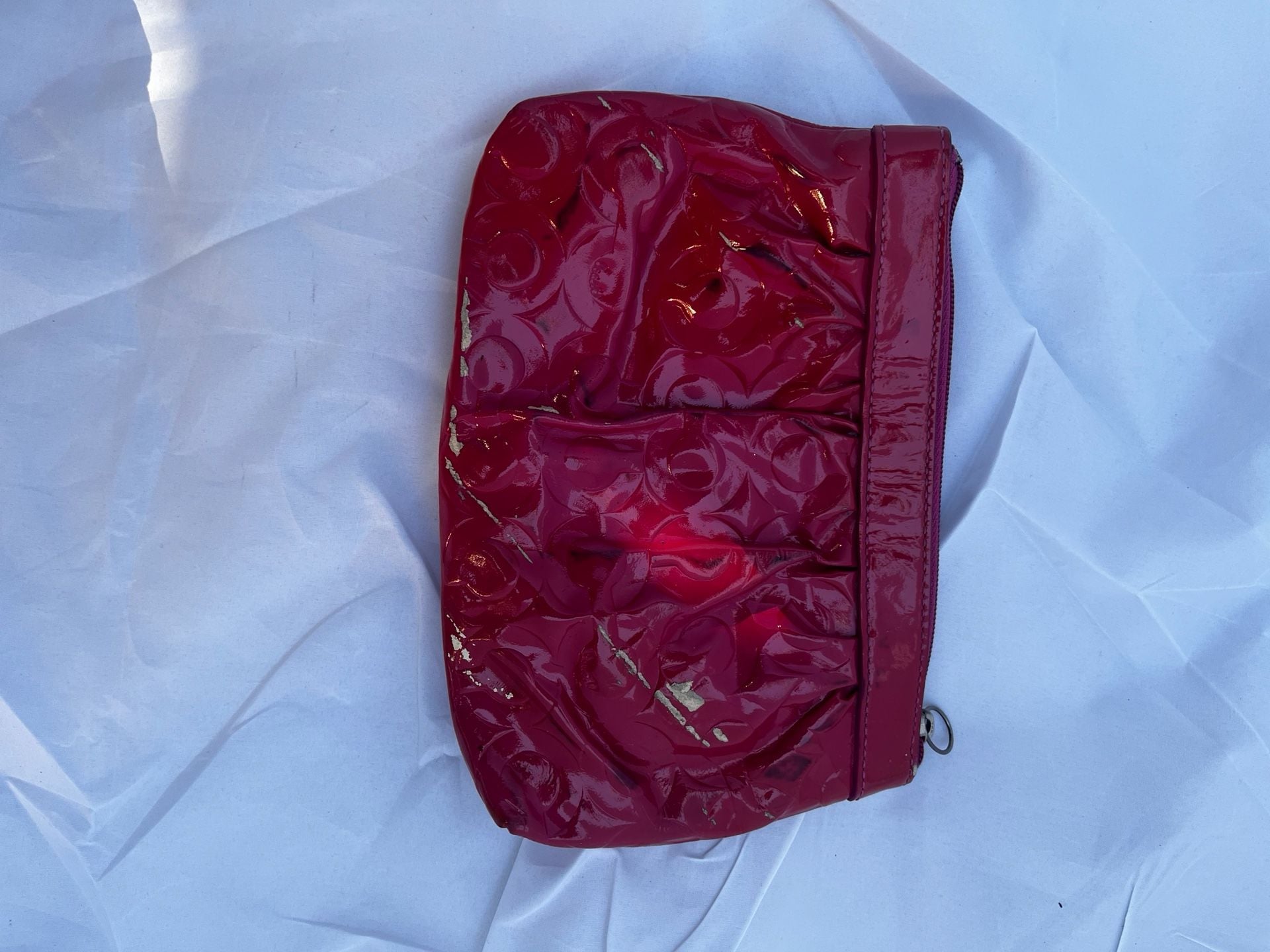 Coach Dark Pink Debossed Patent Leather Top Zip Pouch Wristlet See Details 4