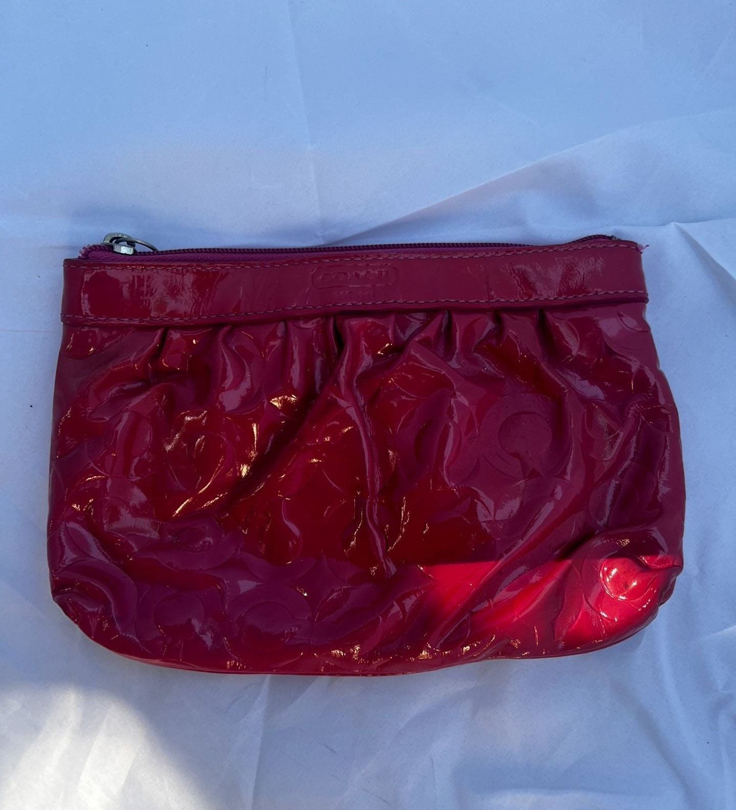 Coach Dark Pink Debossed Patent Leather Top Zip Pouch Wristlet See Details 2