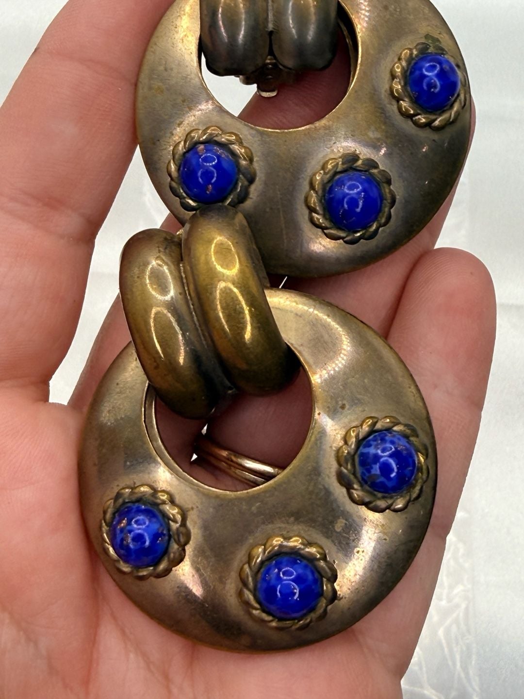 Vintage Gold Tone Blue Cabochon Doorknocker Clip Earrings 2