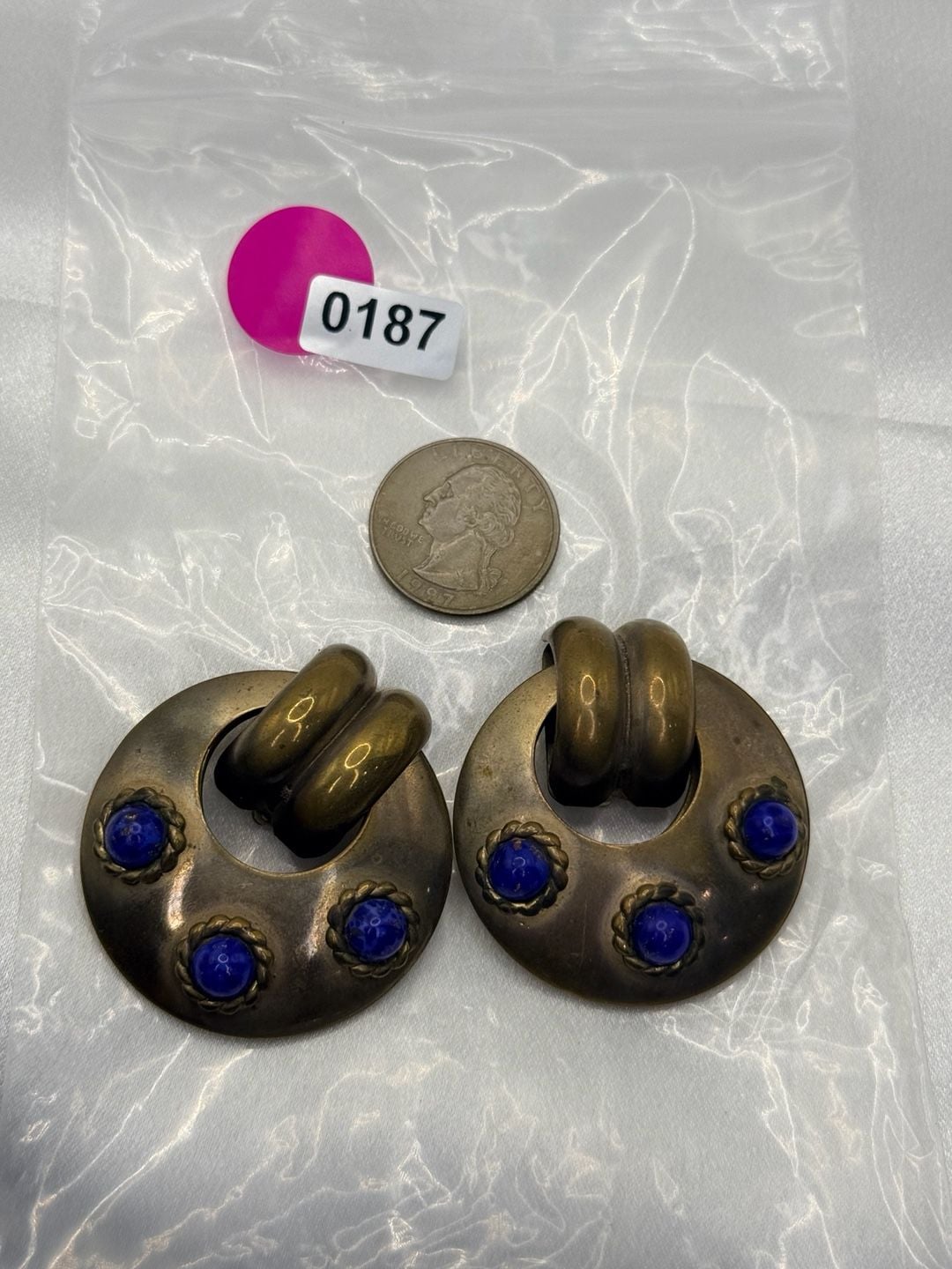 Vintage Gold Tone Blue Cabochon Doorknocker Clip Earrings 3