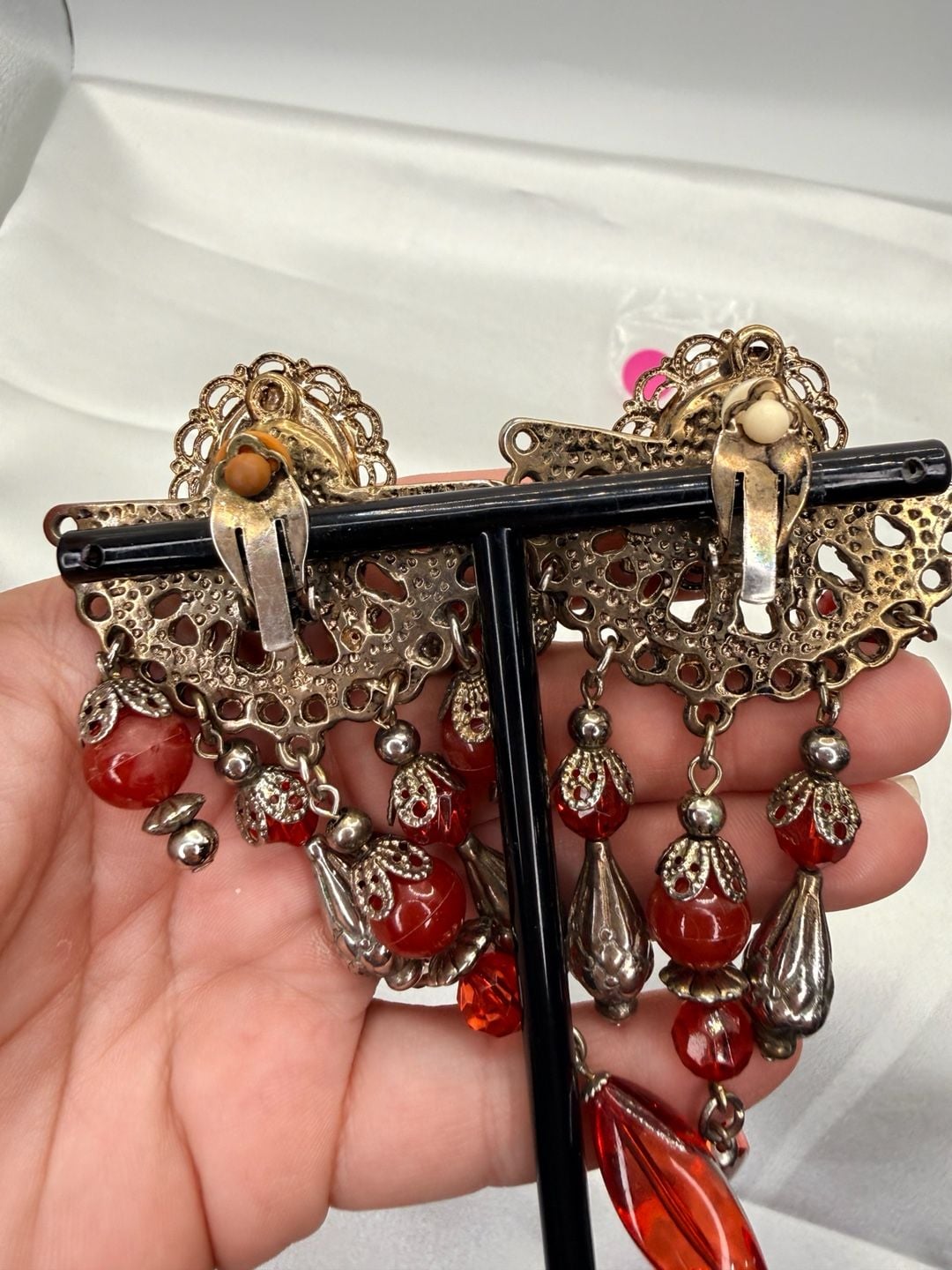 Vintage Filigree Red Bead Chandelier Clip-On Earrings 3