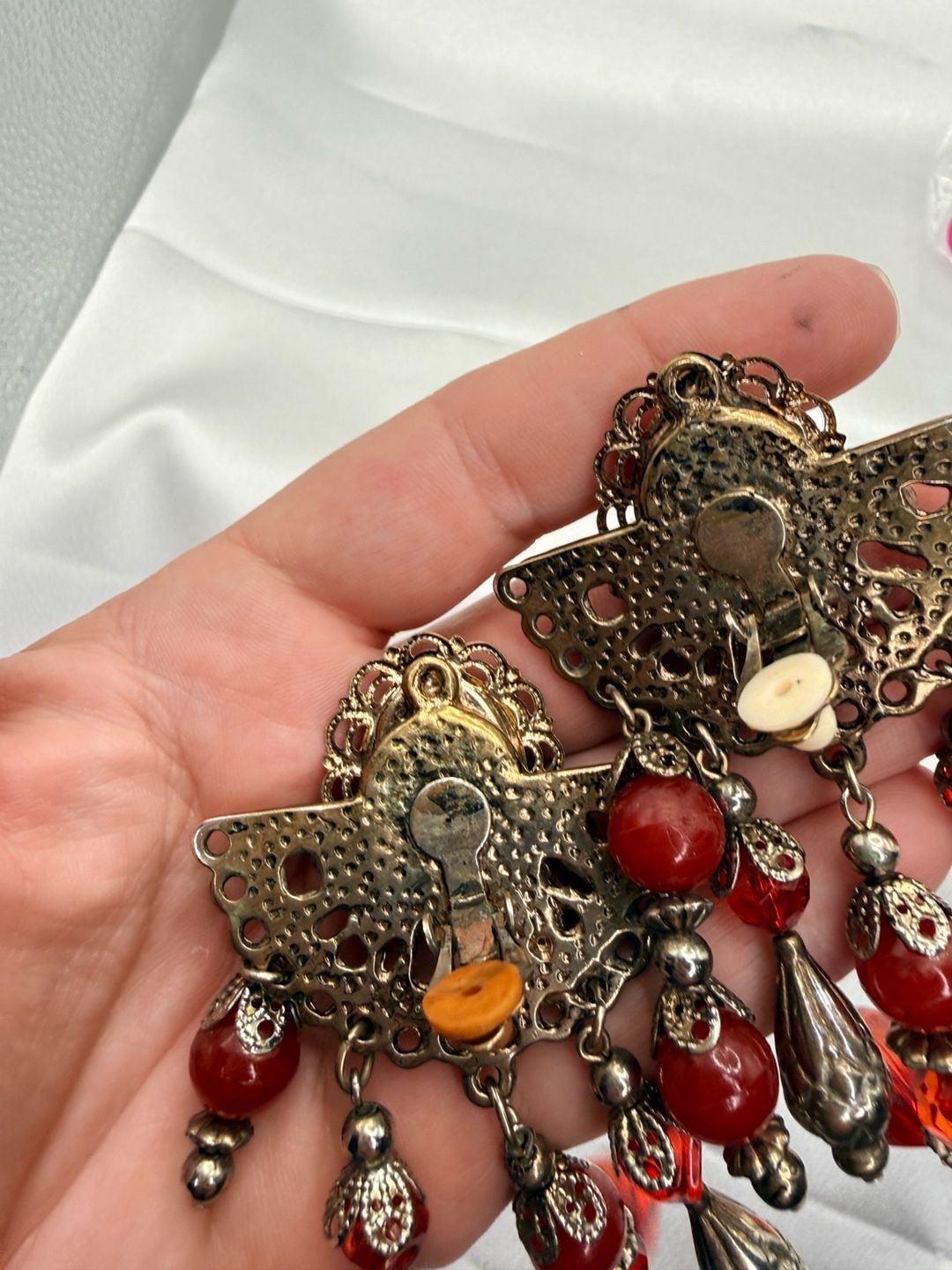 Vintage Filigree Red Bead Chandelier Clip-On Earrings 5