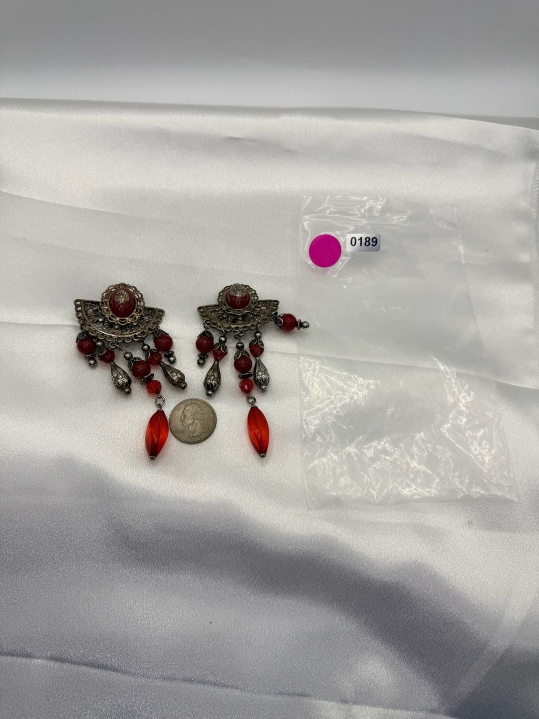 Vintage Filigree Red Bead Chandelier Clip-On Earrings 6