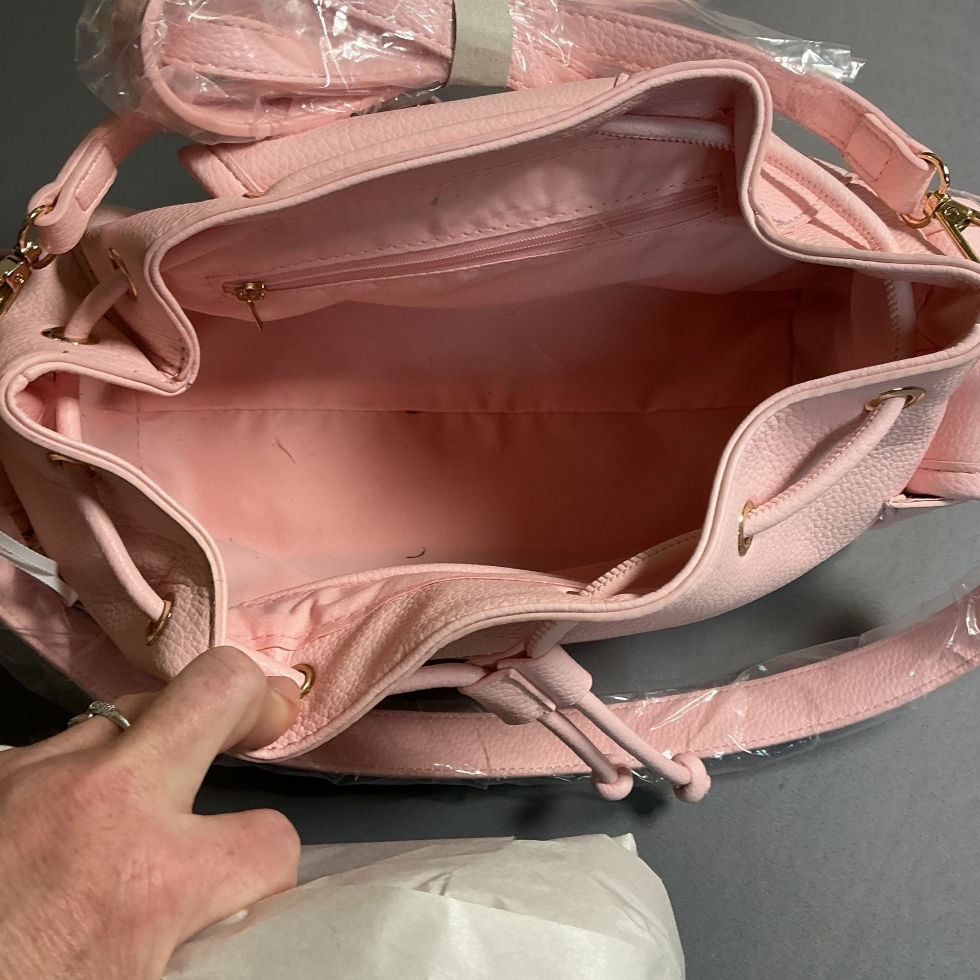 Alyssa Drawstring Bucket Handbag Pink Faux Leather 7