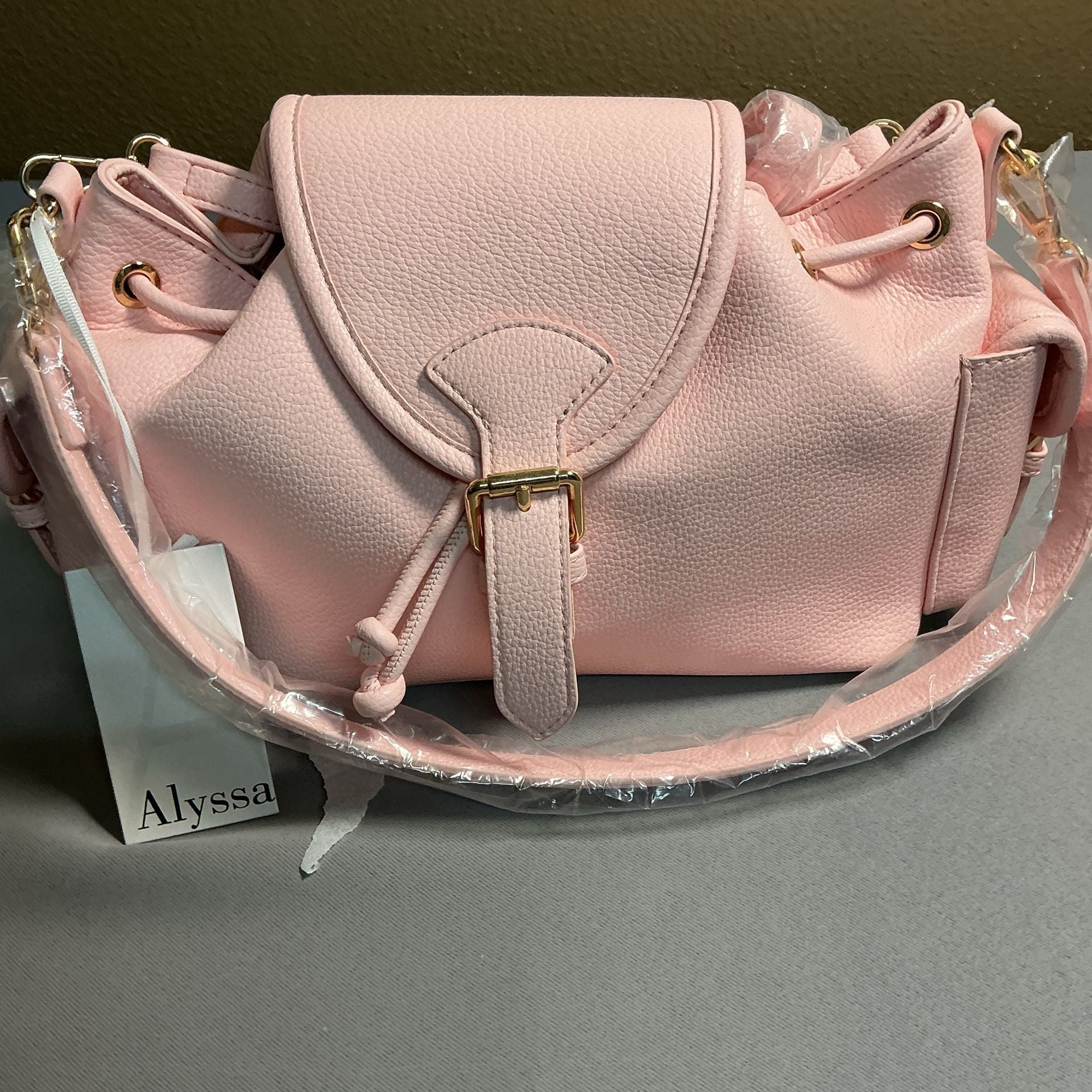 Alyssa Drawstring Bucket Handbag Pink Faux Leather 9