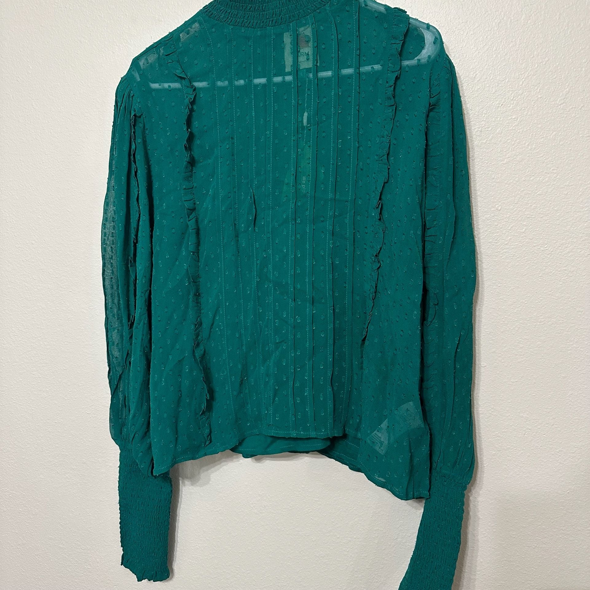 NWT Farm Rio Women's Green Clip Dot Ruffled Smocked High Neck Blouse Top Size L 3