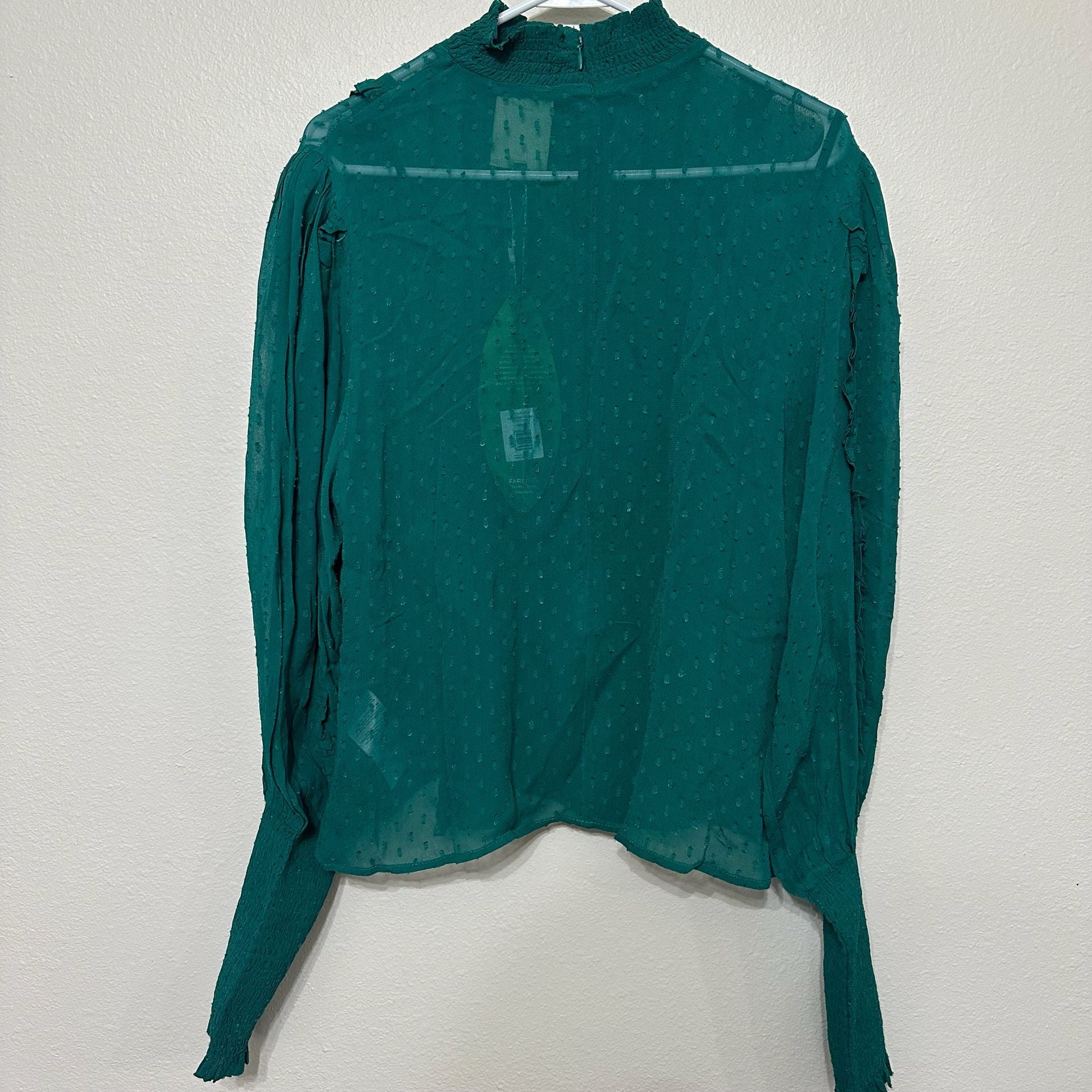 NWT Farm Rio Women's Green Clip Dot Ruffled Smocked High Neck Blouse Top Size L 4