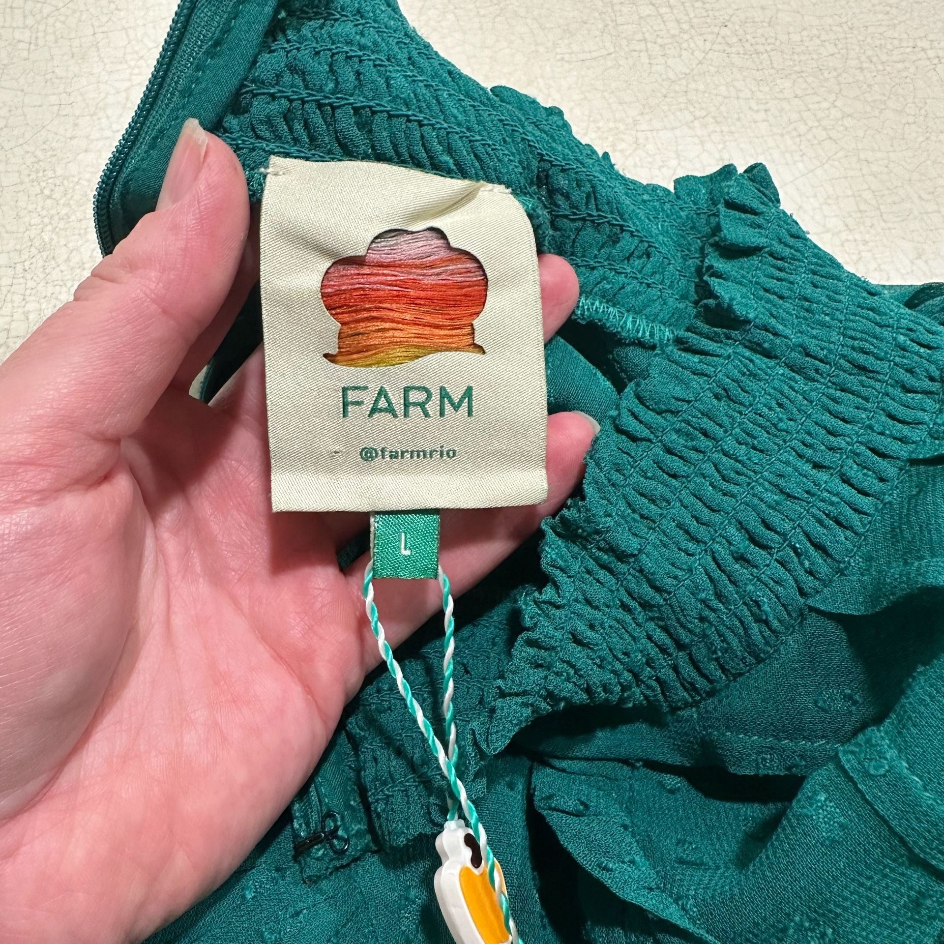 NWT Farm Rio Women's Green Clip Dot Ruffled Smocked High Neck Blouse Top Size L 5