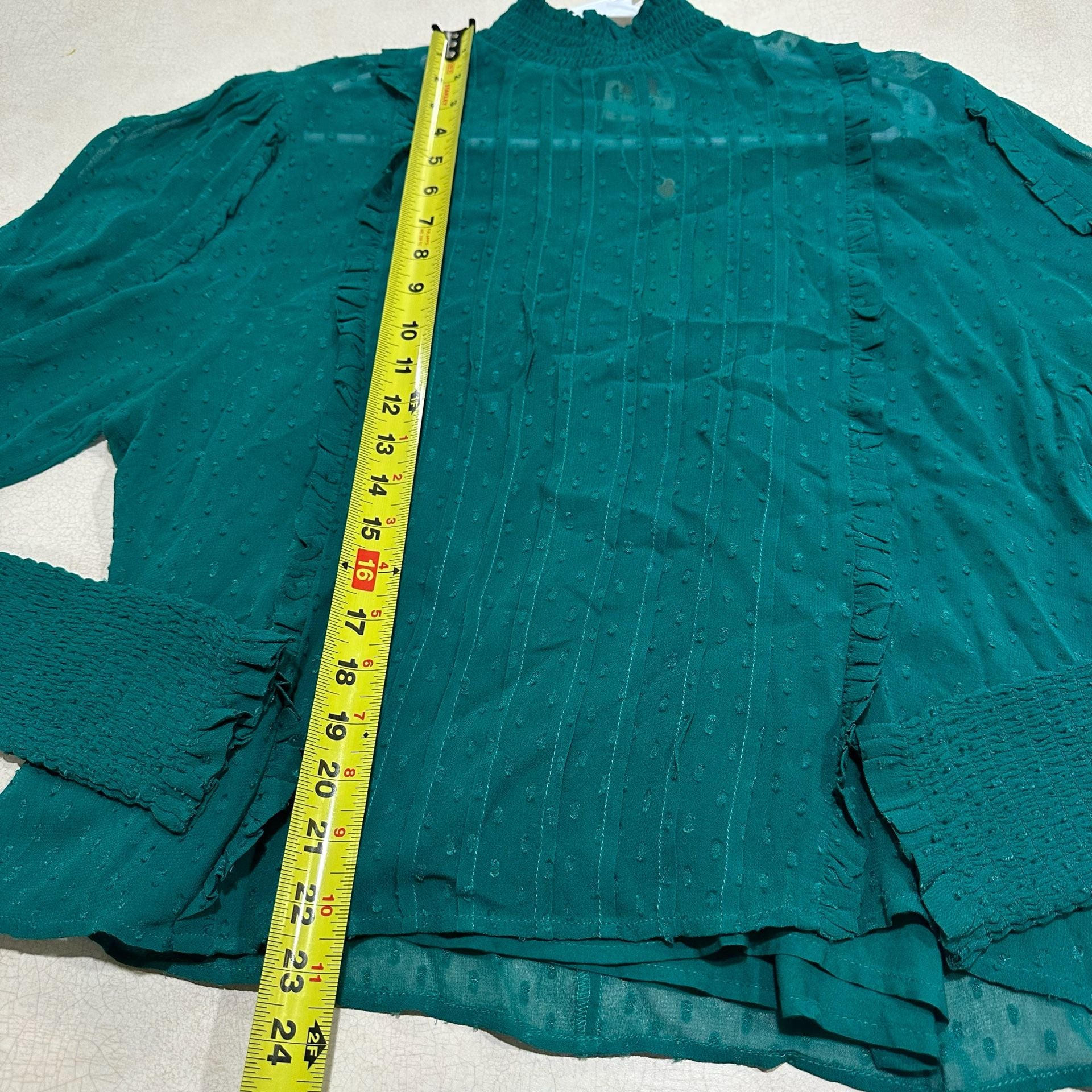 NWT Farm Rio Women's Green Clip Dot Ruffled Smocked High Neck Blouse Top Size L 12