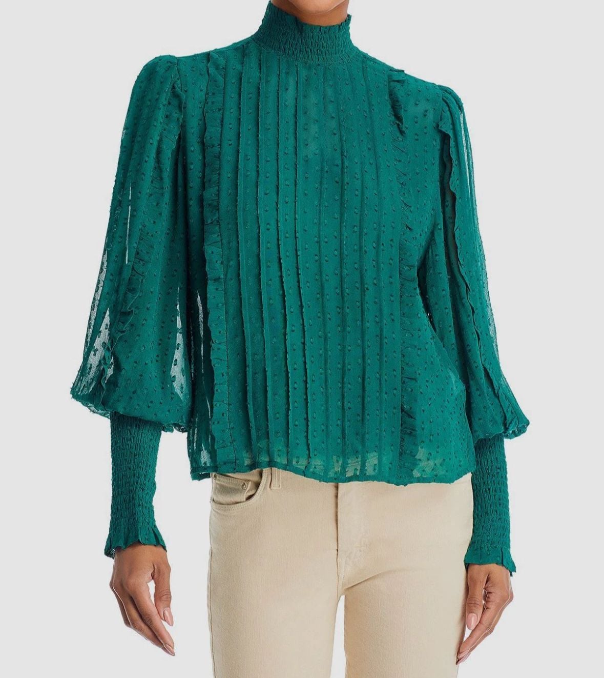 NWT Farm Rio Women's Green Clip Dot Ruffled Smocked High Neck Blouse Top Size L 1