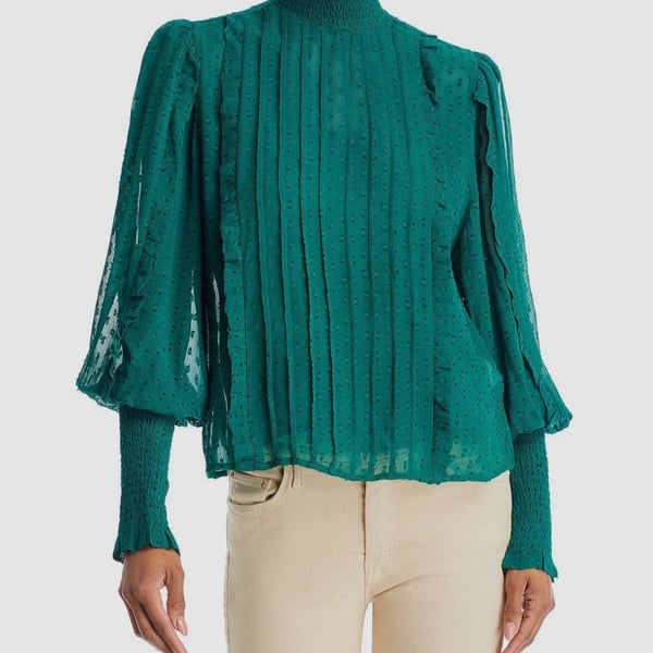 NWT Farm Rio Women's Green Clip Dot Ruffled Smocked High Neck Blouse Top Size L