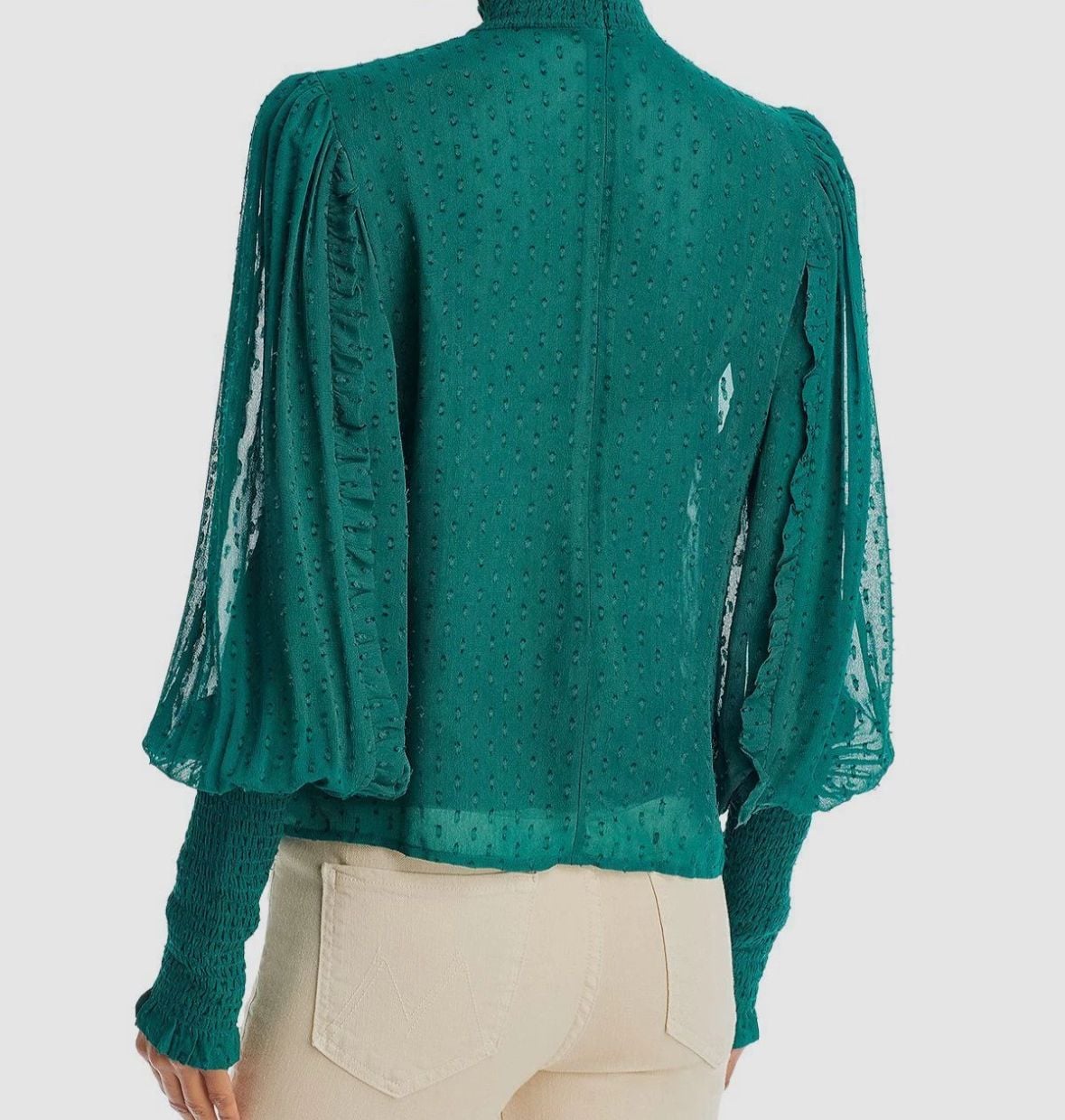 NWT Farm Rio Women's Green Clip Dot Ruffled Smocked High Neck Blouse Top Size L 2
