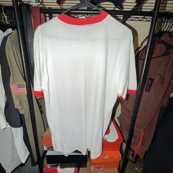 Toledope Graphic T-Shirt Size L White Red Ringer Tee