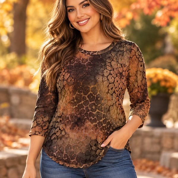 Calessa Animal Burnout Top Size M Gold Multi 3/4 Sleeve
