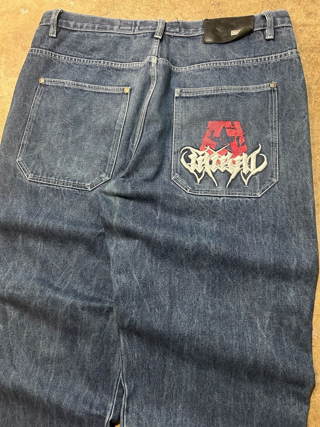Vintage Tribal Graphic Logo Spellout Embroidered Jeans 2