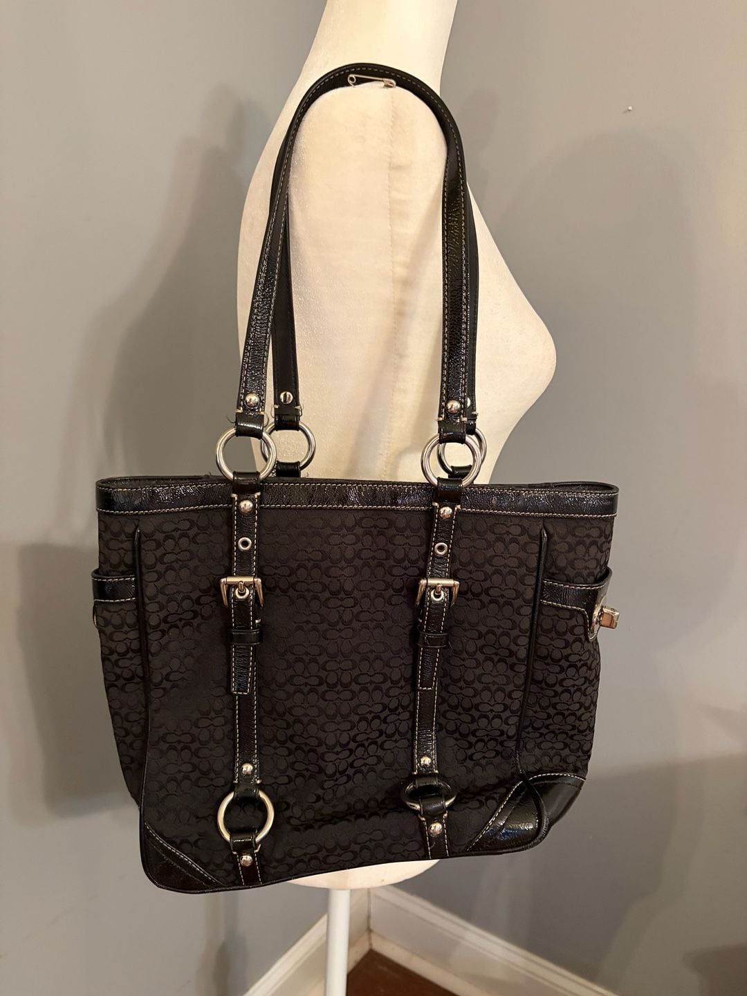 Coach Signature Gallery Jacquard Black Tote Purse Carryall 4