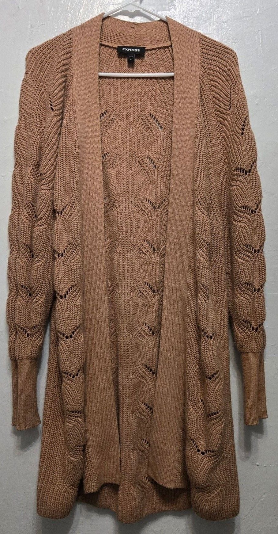 Express Cardigan Sweater Size M Tan Open Front Hollow Out Knit 2