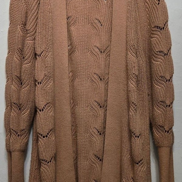 Express Cardigan Sweater Size M Tan Open Front Hollow Out Knit
