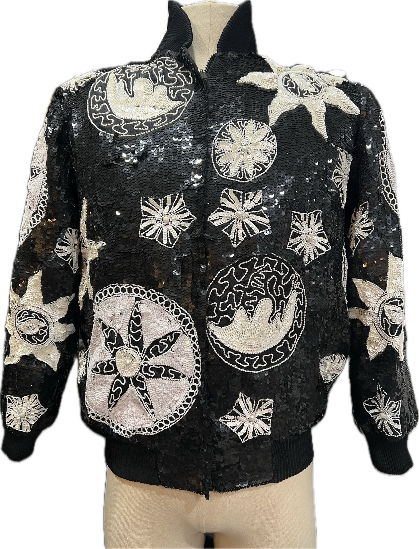 French Collezioni Sequin Bomber Jacket Size XL Black White Sun Moon Stars 2