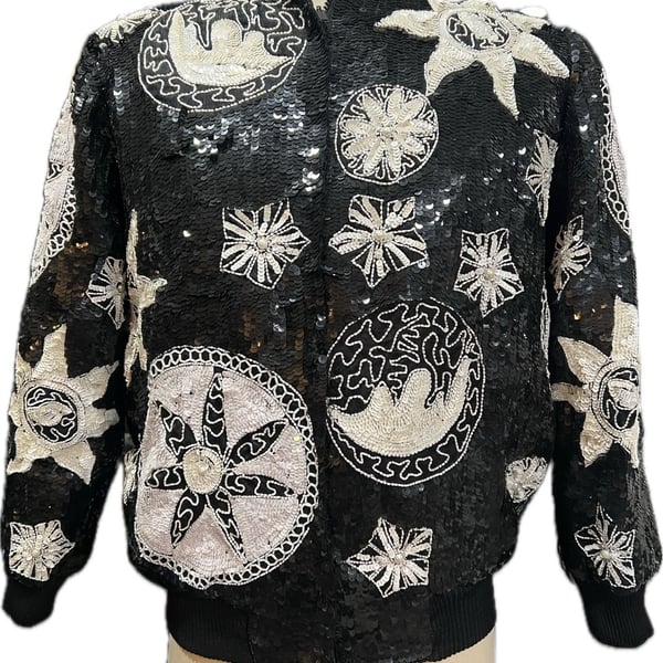 French Collezioni Sequin Bomber Jacket Size XL Black White Sun Moon Stars