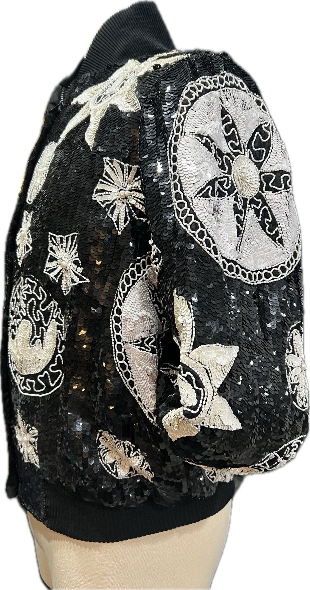 French Collezioni Sequin Bomber Jacket Size XL Black White Sun Moon Stars 3